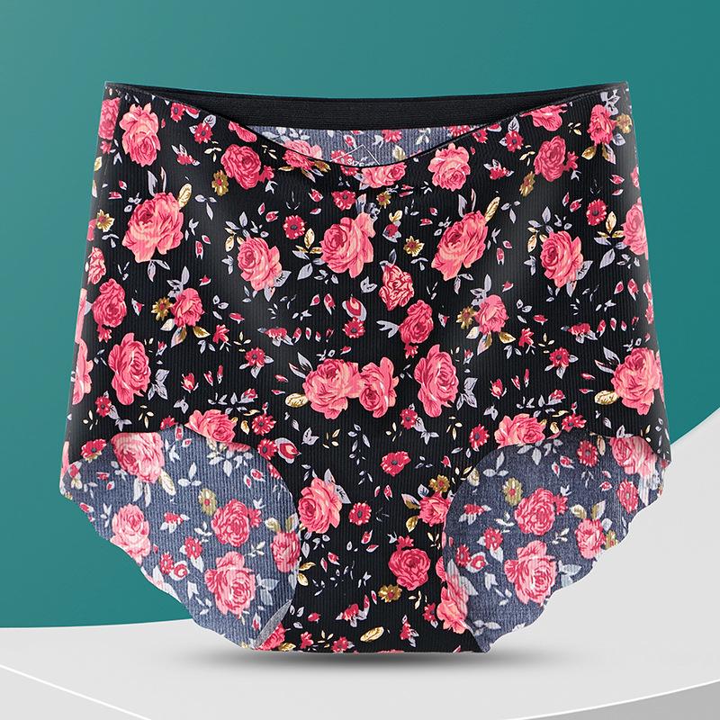 Printed Seamless High Waisted Underwear for Women Made Silk Waist Cinching Hip Lifting Design Large Size Summer Thin Cotton Crotch Triangle Panties
