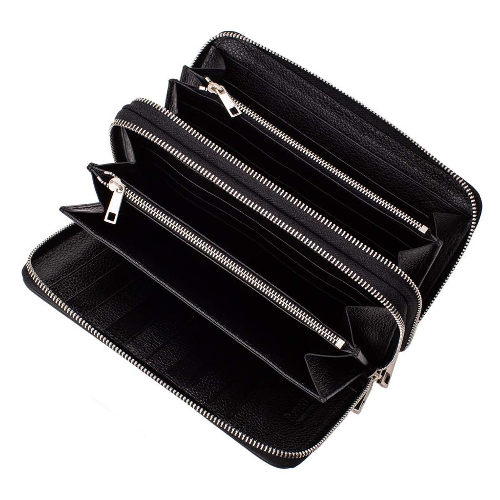 [Revetta] Длинный кошелек из кожи ската, Большая вместимость, 40 отделений для карт, Застежка на двойную молнию, Серебристый, Галюша, Скат, Черный, Мужской, Натуральная кожа