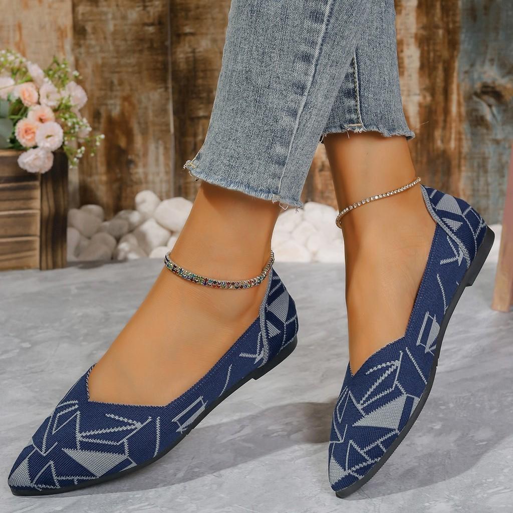 Stylish Cross-border Knit Flat Shoes For Women With Geometric Pattern And Pointed Toe Design
