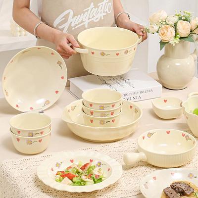Керамический набор столовой посуды «Кремовая глициния»: Миска для риса, Суповая миска, Круглые и Глубокие тарелки