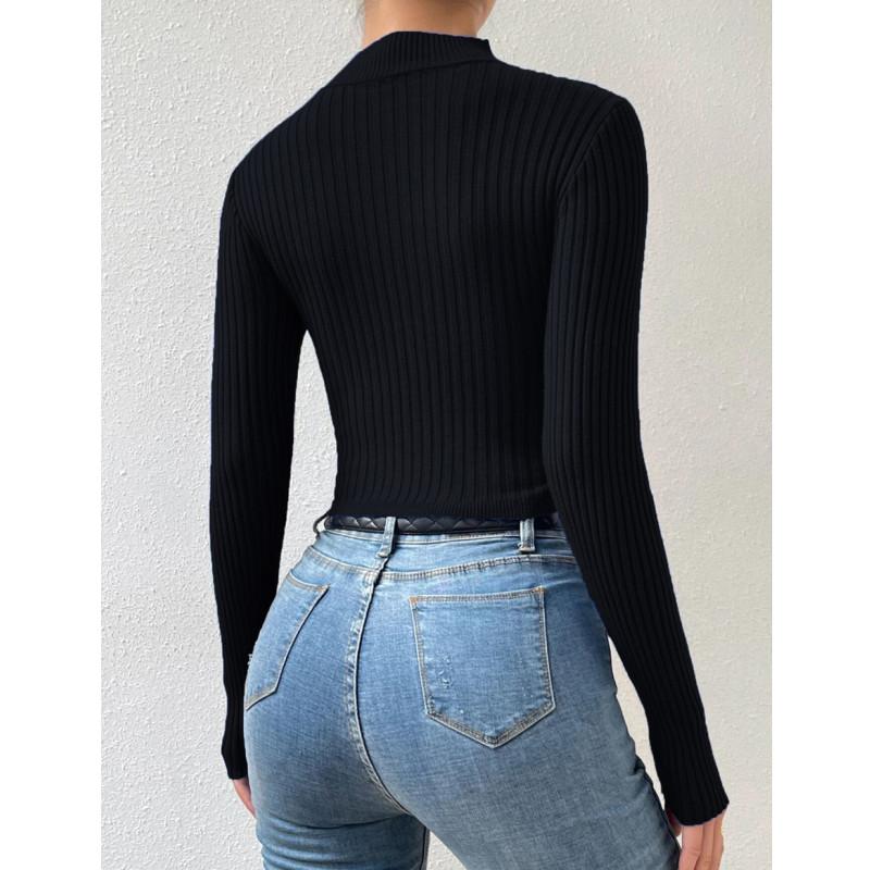 Осень-зима для женщин с длинным рукавом колье на шею с запахом укороченный вязаный свитер в рубчик повседневный пуловер одежда