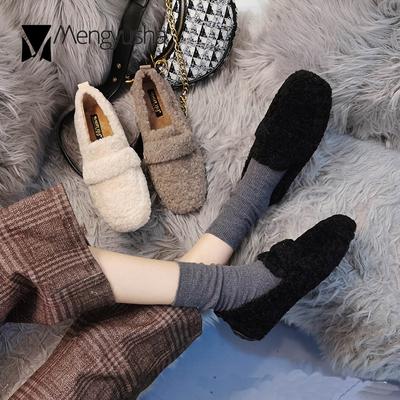 Модные туфли из овечьего меха, женские однотонные лоферы, зимние мокасины с квадратным носком, шерстяные, меховые, балетки, удобные, большие размеры
