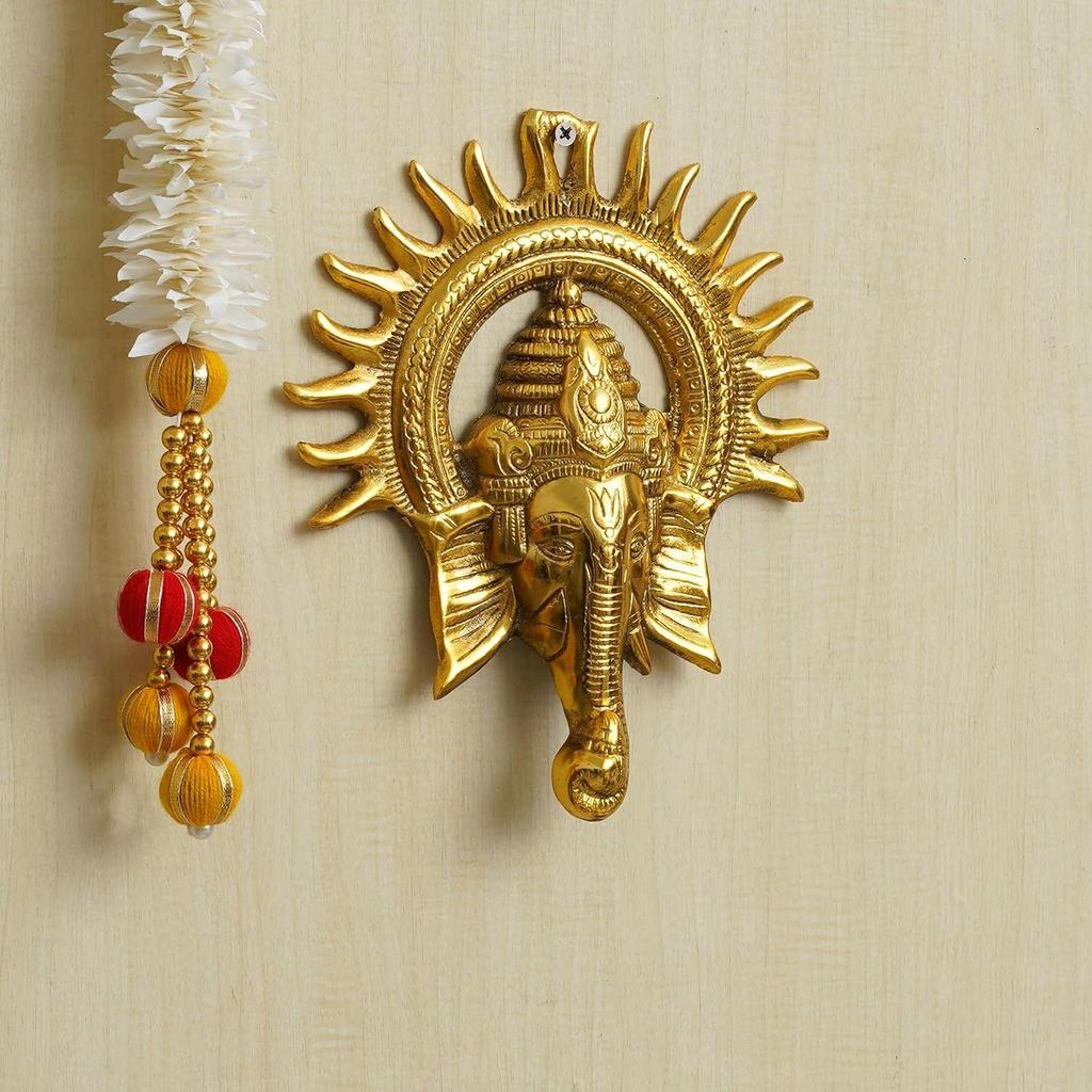 Golden Metal Sun Decorative Ganesha Wall Hanging | Lord Ganesha Statue Wall Art- Decorative Showpiece for Wall Decor