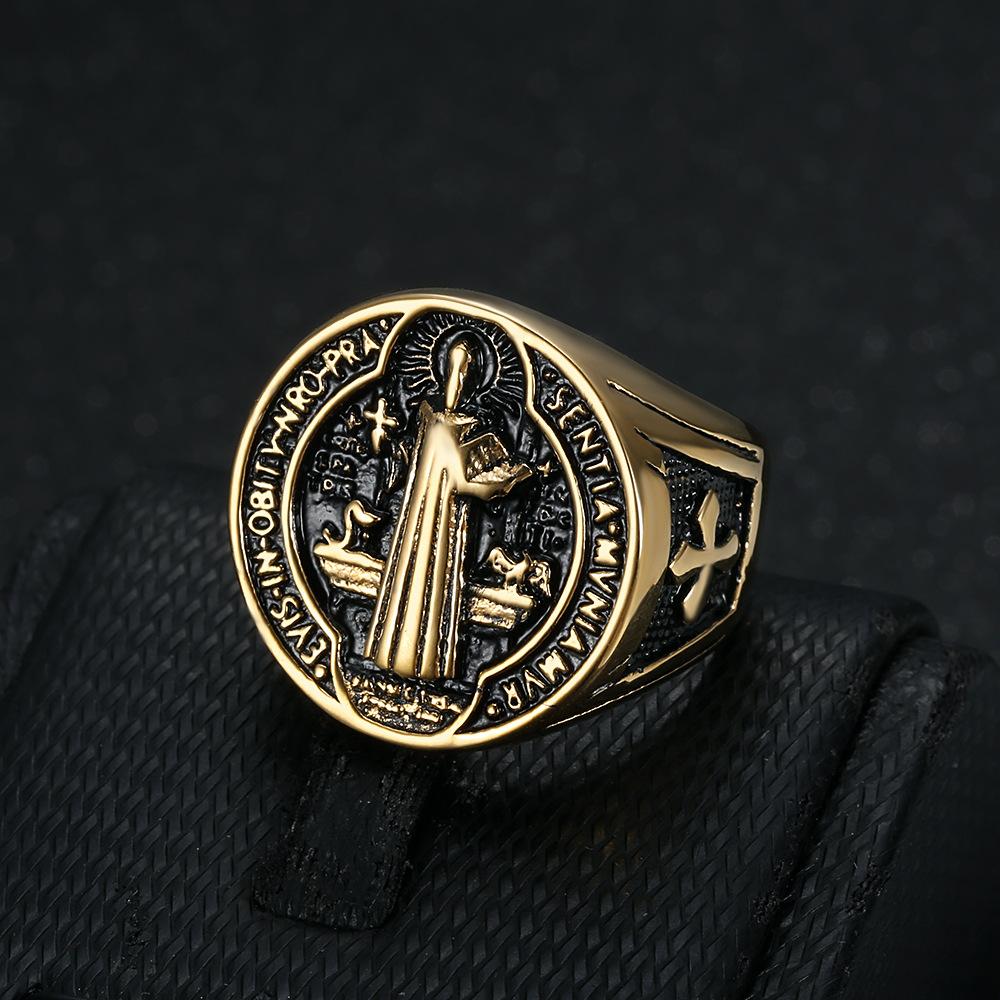 Хип-хоп позолоченный St. Кольцо из титановой стали Benedict для мужчин, модные религиозные украшения