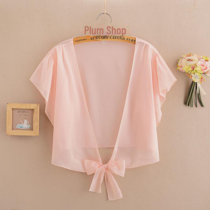 Женская летняя шифоновая куртка-шаль с защитой от солнца 2024 года — короткий рукав, легкий кардиган, универсальный жилет.