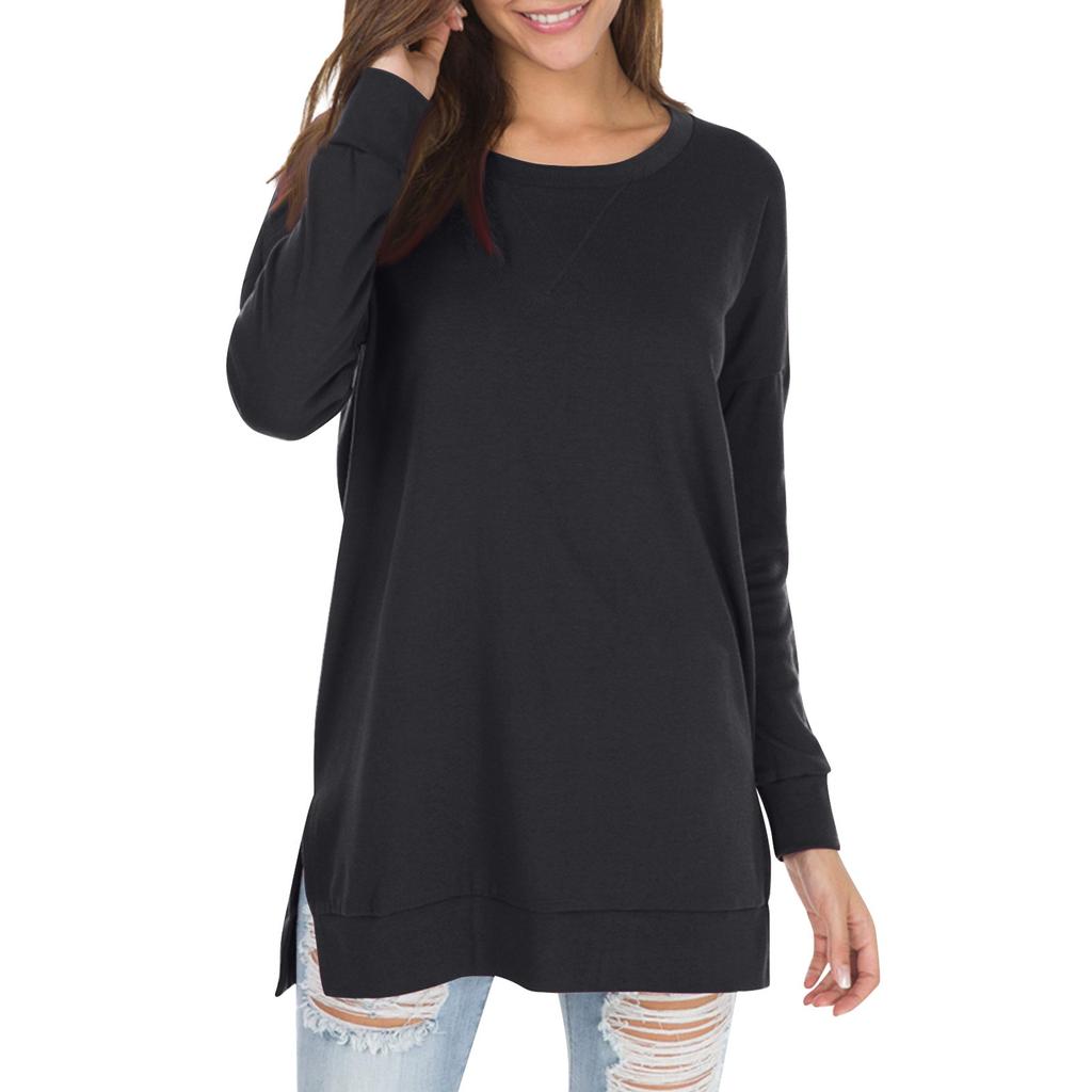 Women's Fall Long Sleeve Side Split Loose Blouses Casual Pullover Tunic Tops