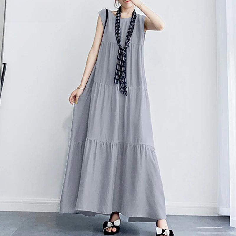 Stylish Women's Tiered Sundress Solid Summer Dress Casual Sleeveless O-neck Robe Oversized Dress