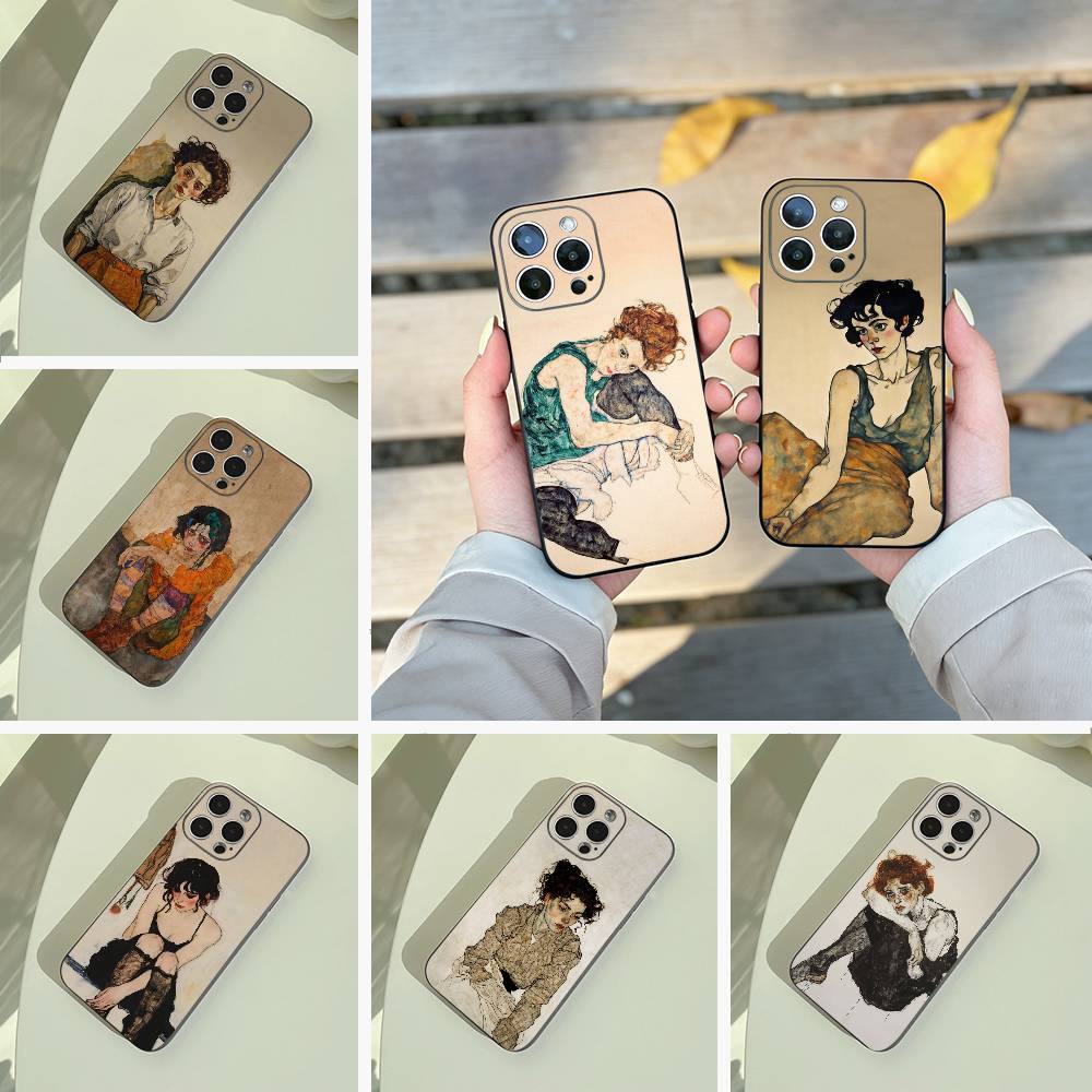Чехол для телефона E-Egon S-Schiele для iPhone 17,16,15,14,13,12,11 Pro Max,16/15/14Plus,XS Мягкий черный чехол