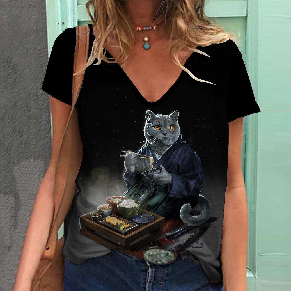 Модная женская футболка с рисунком кошки, короткий рукав, 3D-принт с изображением животных, футболка большого размера с V-образным вырезом, летняя женская одежда Y2k Harajuku