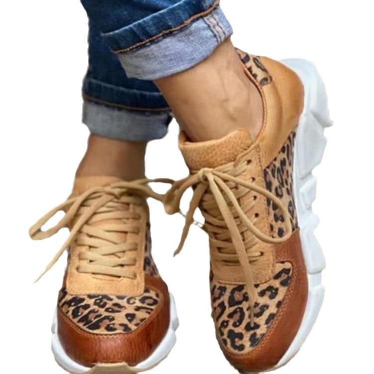 2024 Весна и Осень Новые Большие Размеры Леопардовый Принт Повседневная Обувь Женская Плоская Подошва Шнуровка Сращивание Спортивная Повседневная Обувь