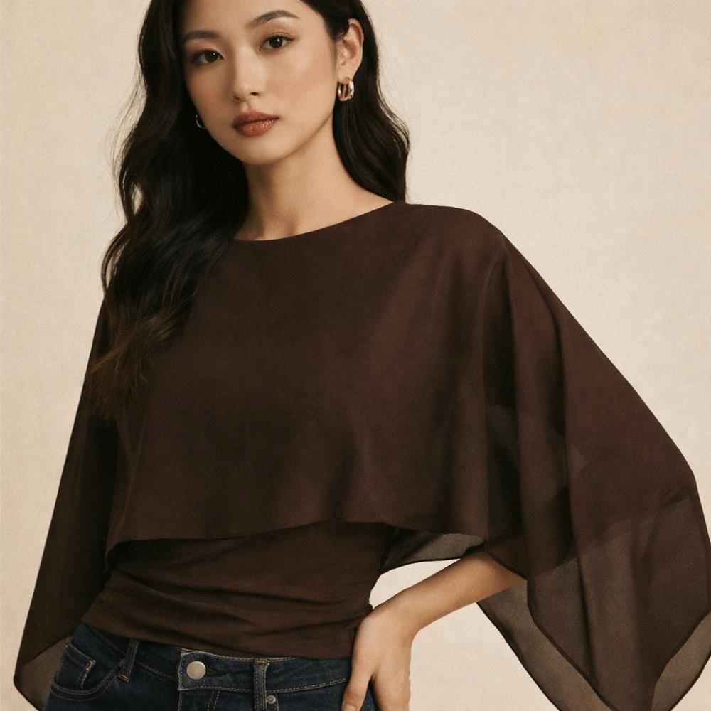 Ruched Waist Cape Sleeve Top Round Neck False Two-Piece Tops Batwing Sleeve Top Summer Wear