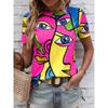 Summer Fashion Women's T Shirt Stylish Casual Abstract Print Short Sleeve Crew Neck Tees Round Neck Regular Tops