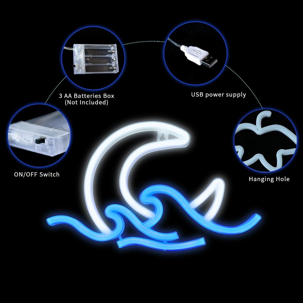 ENUOLI Neon Sign, Neon Light, Room Light, Moon, Wave, Wall Hanging, Interior Decor, Wall Decoration, Birthday Gift, Shop, Bar, Home, Coffee Shop,