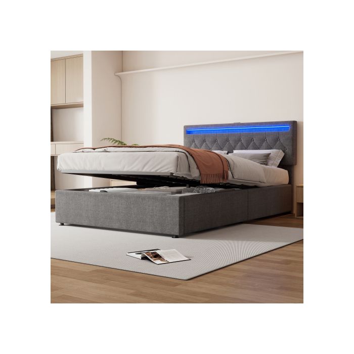 Lit - MUVOE - 140x200cm - Rembourré - Éclairage LED - Rangement sous le lit