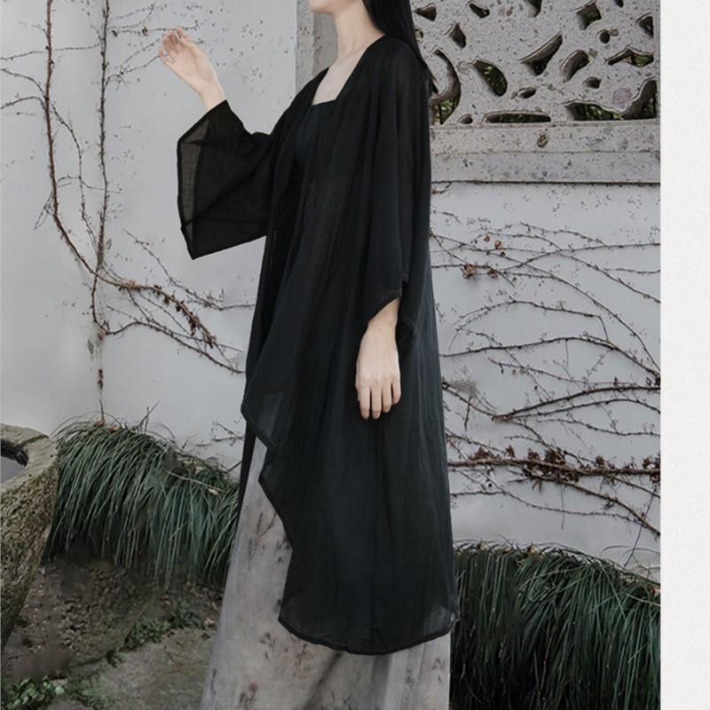 Johnature Woman Autumn Retro Loose Chinese Style Irregular Coat Vintage Flared Sleeves Solid Color Casual Coat