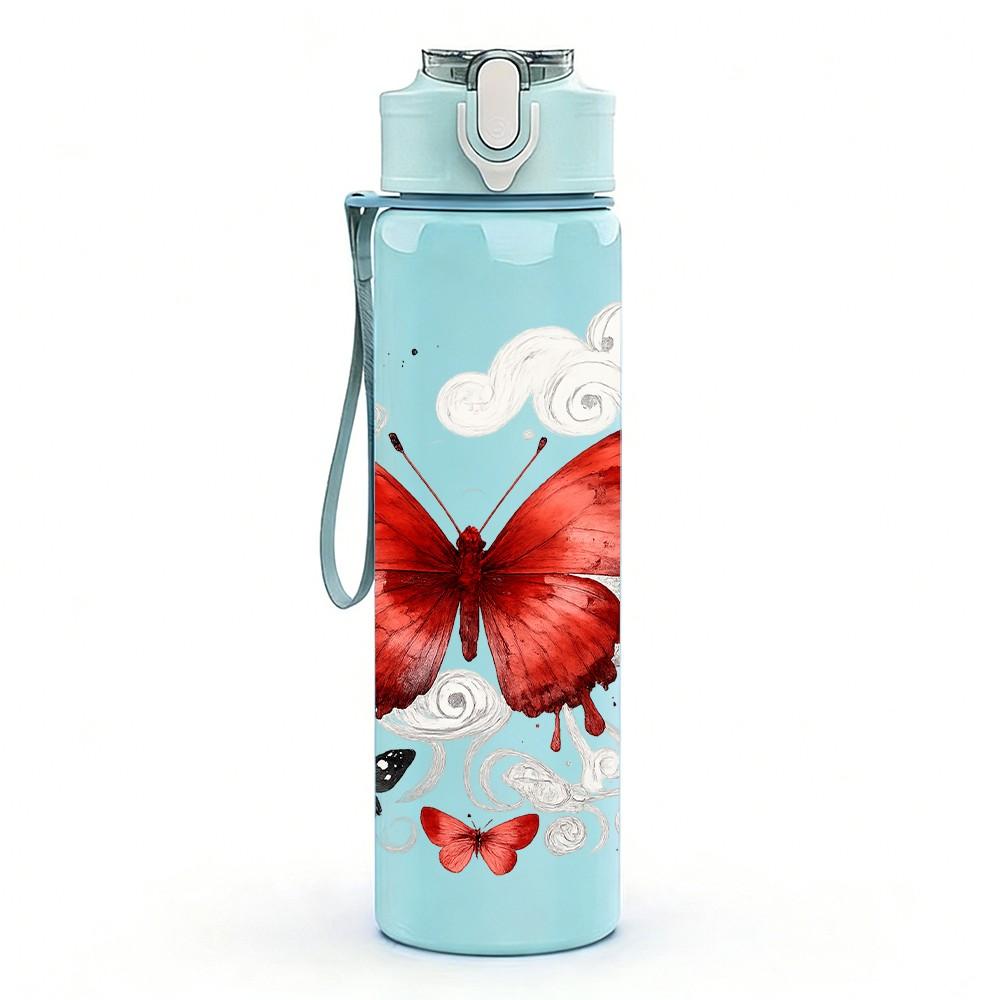 1PC Red Black Butterfly Rose Art Print 750ml Color Plastic Sports Water Bottle Leakproof Flip Straw Lid Suitable for Sports Office Home Use