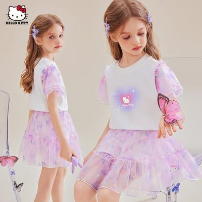 Летний костюм для девочек Hello Kitty 2025 Новый Градиентный Тай-дай Короткая юбка Кружевная футболка с коротким рукавом Для детей постарше Летний наряд