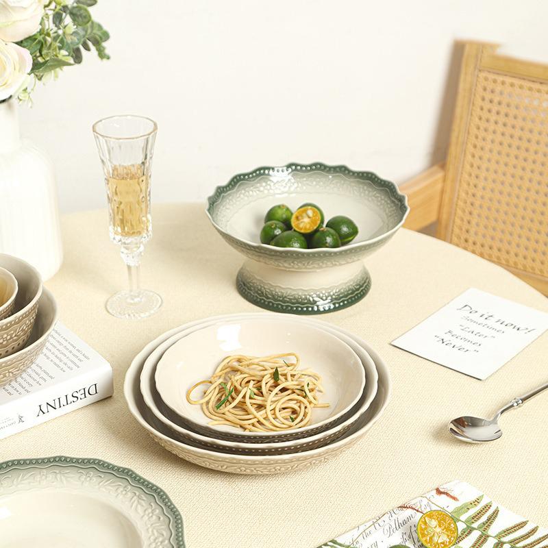 Ancient European Style Ceramic Dining Plate Underglaze Jadeite Green Breakfast Bread Steak Plate Household Kitchen Tableware