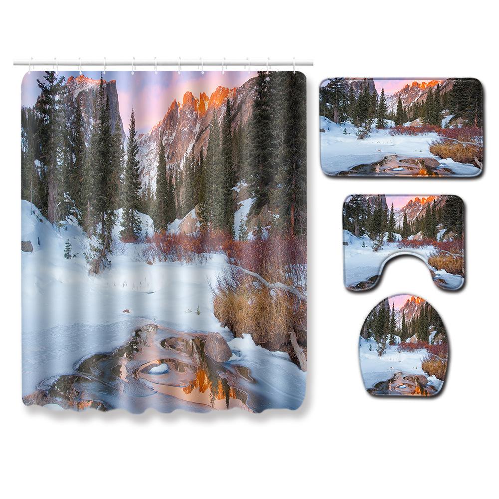 Landscape Shower Curtain Floor Mat Combination Four-Piece Set Bathroom Toilet Carpet Shower Room Mat Foot Mat