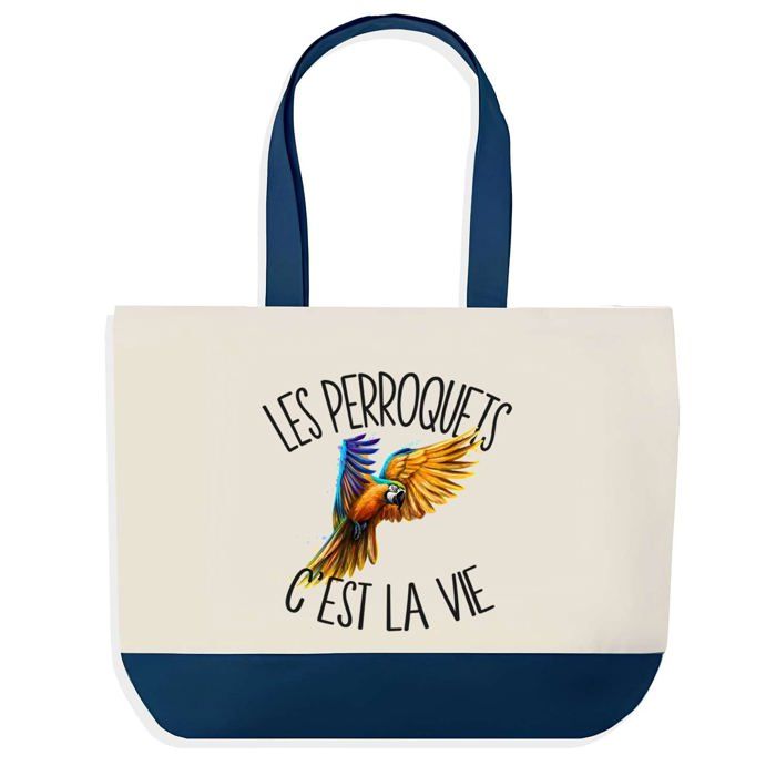 Sac cabas - PLANETEE - Perroquet c'est la Vie - Fond bleu - Coton 40x45 cm - Grand format