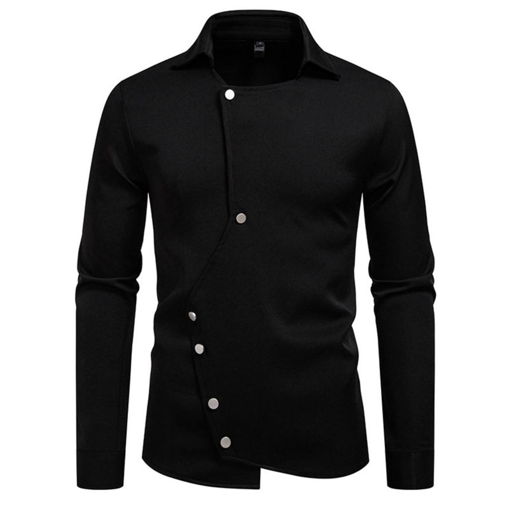 Men's Casual Solid-color Long-sleeved Shirt, Men's Slanted Front Button-down Lapel Shirt