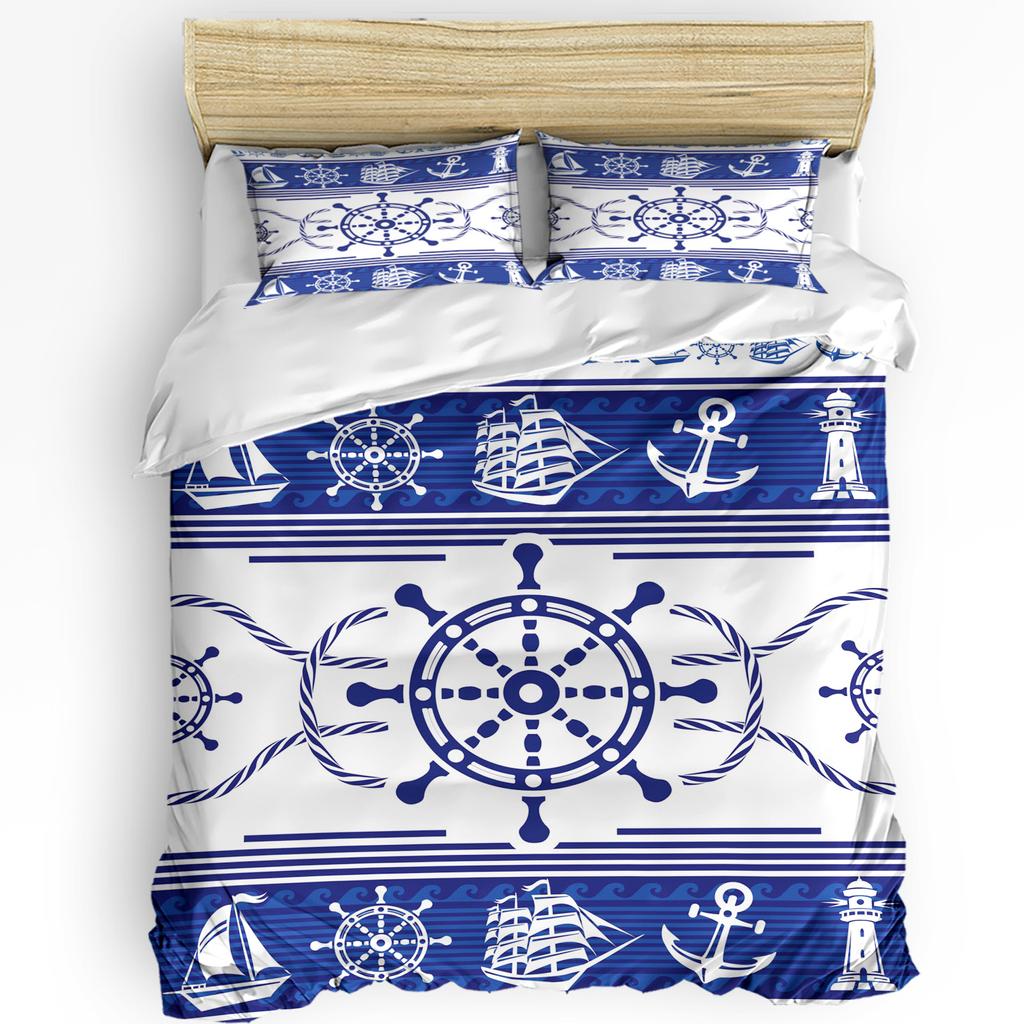 Striped Ship Rudder Anchor 3pcs Bedding Set For Double Bed Home Textile Duvet Cover Quilt Cover Pillowcase
