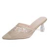 Summer New Mesh Diamond Slippers for Women's Fashion Outwear Pointed Crystal Heel High Heel Slippers