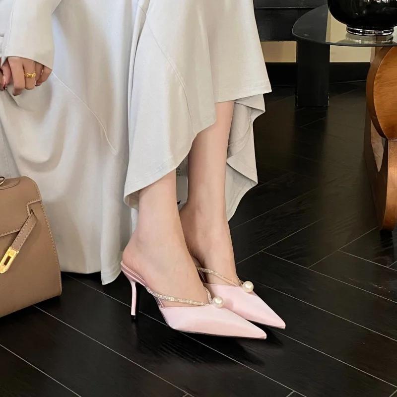 Summer Women's Fashion Slippers Pointed Toe Thin Heels Pearl Slippers Women Dress Sweet Lovely Rhinestones Zapatillas De Mujer