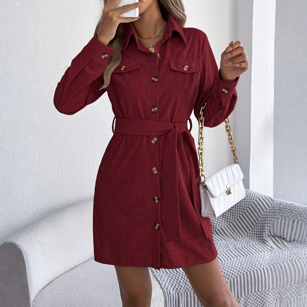Женское модное повседневное однотонное платье-рубашка с длинными рукавами и кружевом на одной пуговице