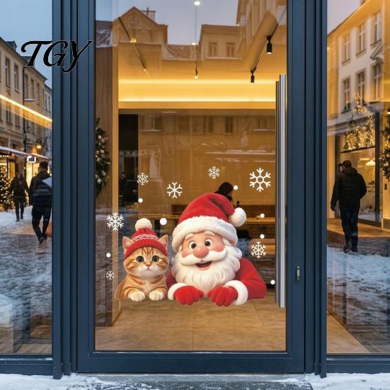 Holiday Glass Decals Christmas Santa Cat Window Sticker, Snowflake Xmas Decal, Waterproof Seasonal Pet Lover Gifts Self-Adhesive Decor for Balcony