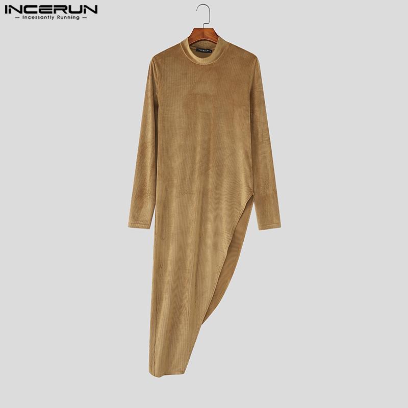 INCERUN Autumn Men Turtleneck Long Sleeve Texture Rib Irregular Tunic Tops Pullovers