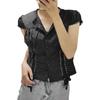 Women Lace Tops, 1/4 Sleeve Round Neck Ruffle Buttons Party Casual Spring Summer Black Shirt