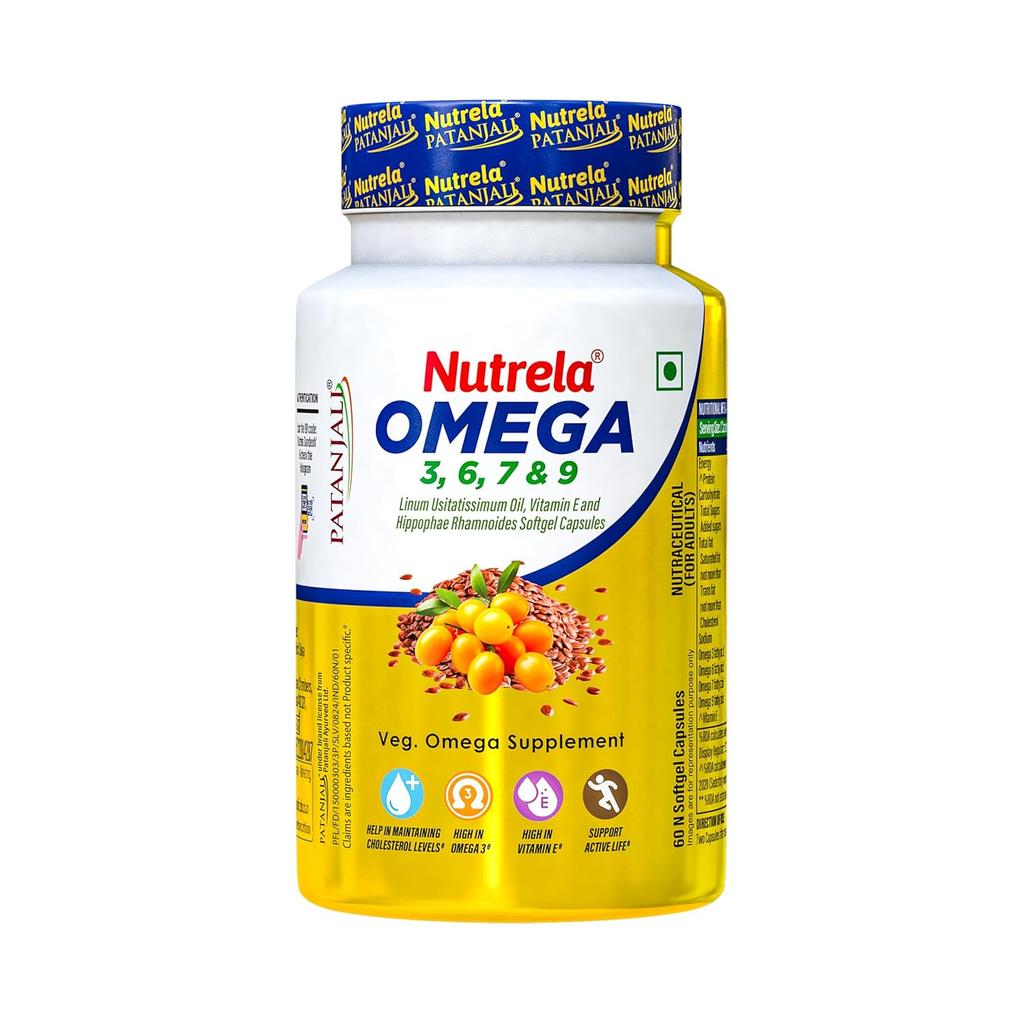 Nutrela Patanjali Омега 3 6 7 9 Вегетарианские Мягкие Капсулы Упаковка 60 Капсул для Здоровья Сердца и Кожи