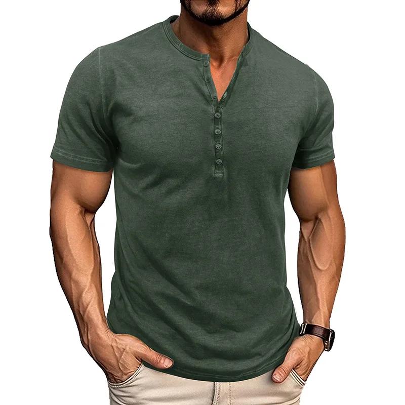 Летняя мужская приталенная рубашка-henley с коротким рукавом, на пуговицах, с воротником-henley, повседневная, однотонная, винтажная футболка