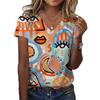 Summer V-neck 3D Abstract Pattern Printed Top Fashionable Casual Short Sleeved Women's T-shirts