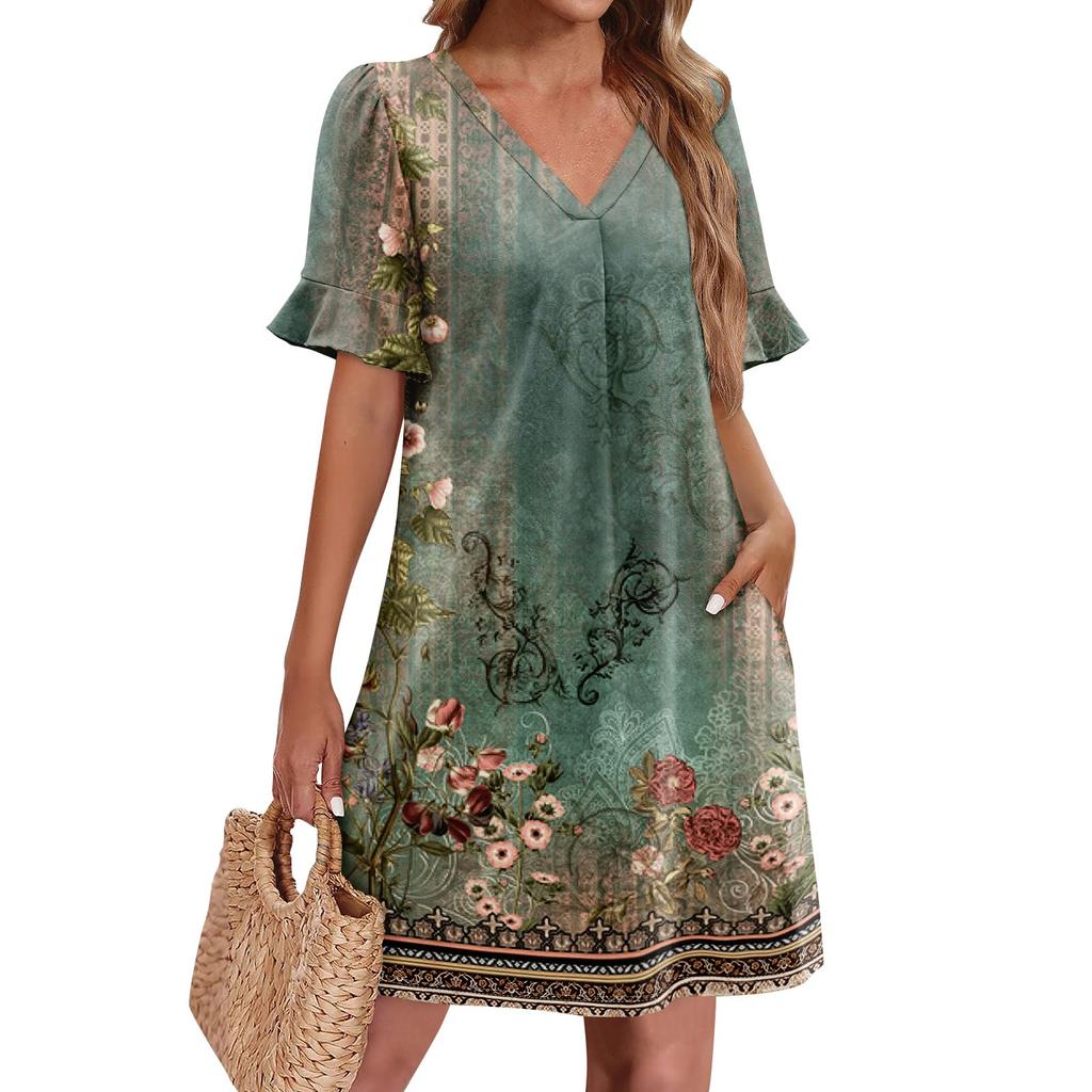 Летние платья для женщин с V-образным вырезом, оборками и коротким рукавом, повседневное свободное платье с принтом, пляжное платье с карманами
