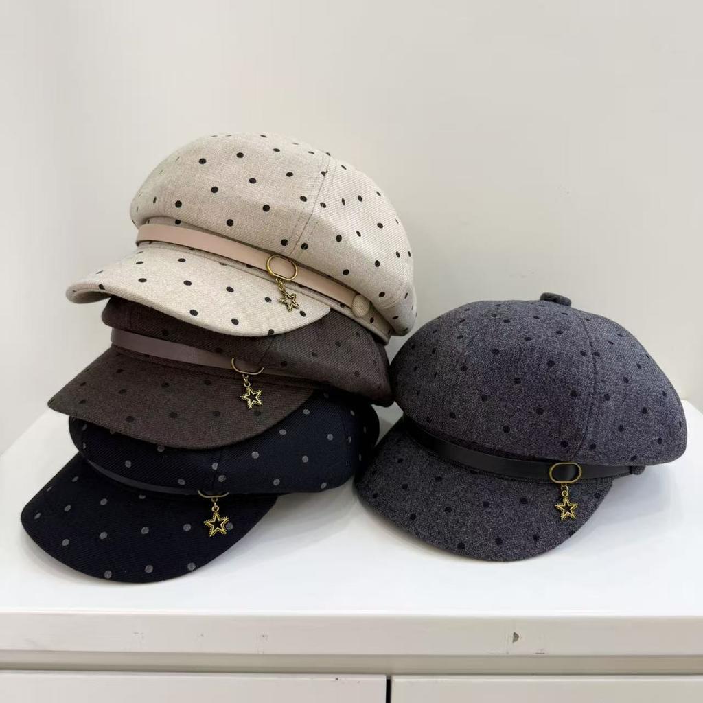 Retro Hong Kong style simple polka dot octagonal hat children autumn and winter fashion versatile painter hat belt buckle casual cap