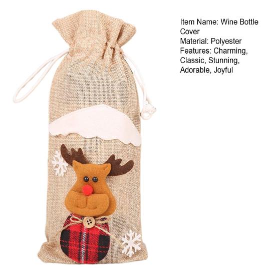 Christmas Burlap Wine Bags Cute Santa Claus Snowman Reindeer Design Reusable Wine Bottle Cover with Drawstring for Dinner Table Decor