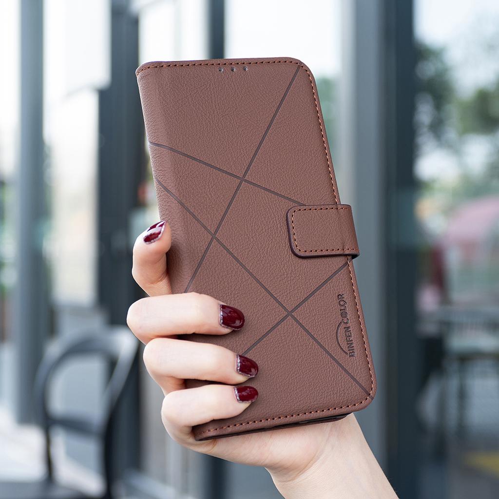 BINFEN COLOR BF35 For iPhone 16e Case RFID Blocking Wallet Stand Geometry Imprinted Leather Phone Cover