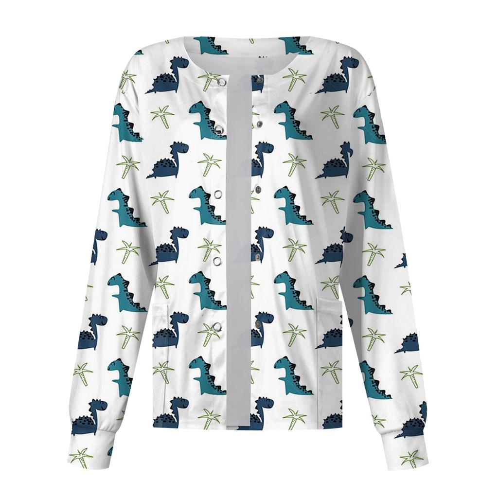 Женский однобортный защитный комбинезон с длинным рукавом и рисунком динозавра, карманный рабочий воротник-стойка, кардиган, куртка, топ
