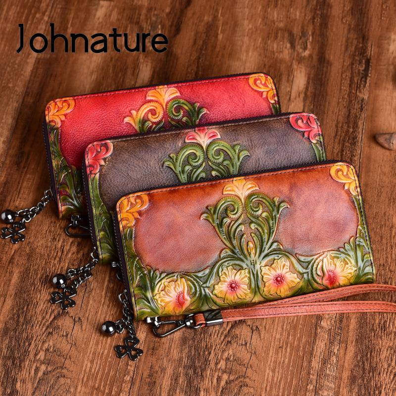 Johnature First Layer Cow Leather Luxury Women Hand Wallet Retro Embossed Large Clutch Wallets Card Holder Phone Purse