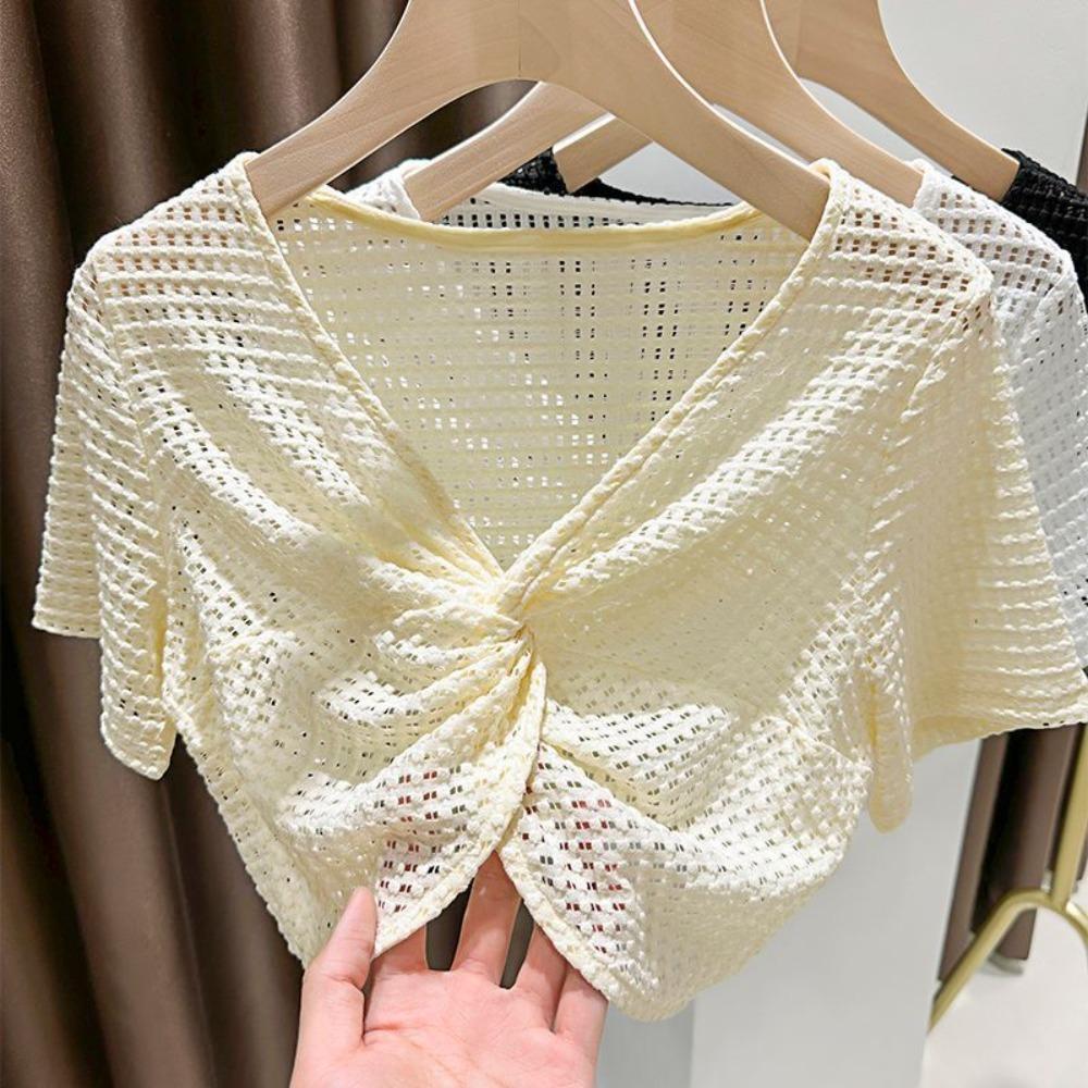 Short Sleeve Mesh Knitted Pullover Top V-neck Sun Protection Shawl T Shirt Beach