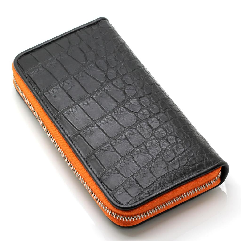 [Revetta] Мужской длинный кошелек из кожи крокодила, Черно-оранжевый, Изготовлен из цельного куска натуральной кожи с круглой молнией и матовой отделкой [244crw]