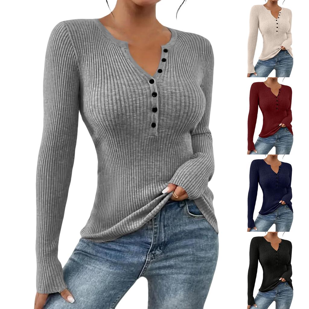Women's Solid Color Button Knit Pullover V-neck Slim Fit Long Sleeved T-shirt Top