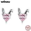 925 Sterling Silver Cute Rabbits Hare Ears Stud Pink Heart Zircon Stud Earrings for Women Jewelry