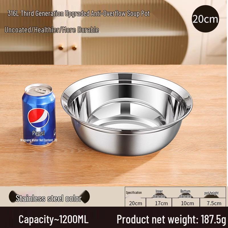Food Grade 316 Stainless Steel Deep Round Bowl with Beveled Edge - Anti-overflow, Perfect for Soup and Rice
