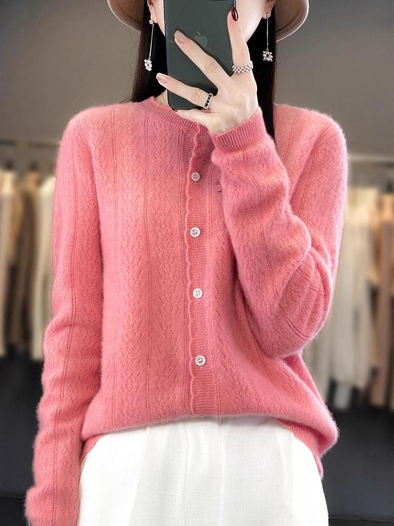 Women's Loose Knit Pure Wool Cardigan - Wheat Ear Design for Autumn Winter