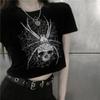 Grunge Dark Punk Skull Print Graphic T-Shirt Harajuku Spider Web Skeleton Gothic Casual Chic Streetwear Y2K Casual Slim Crop Top