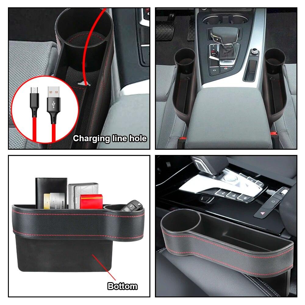 Leather Car Seat Gap Storage Box With Charging Hole Automobile Slit Box Phone Bottle Keys Holder