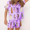 2 Pcs/Set Summer Pajama Set Country Music Singer Fans Sleepwear Satin Lapel Button-down Shirt Shorts Set Loose Elastic Waistband Shorts Pajama